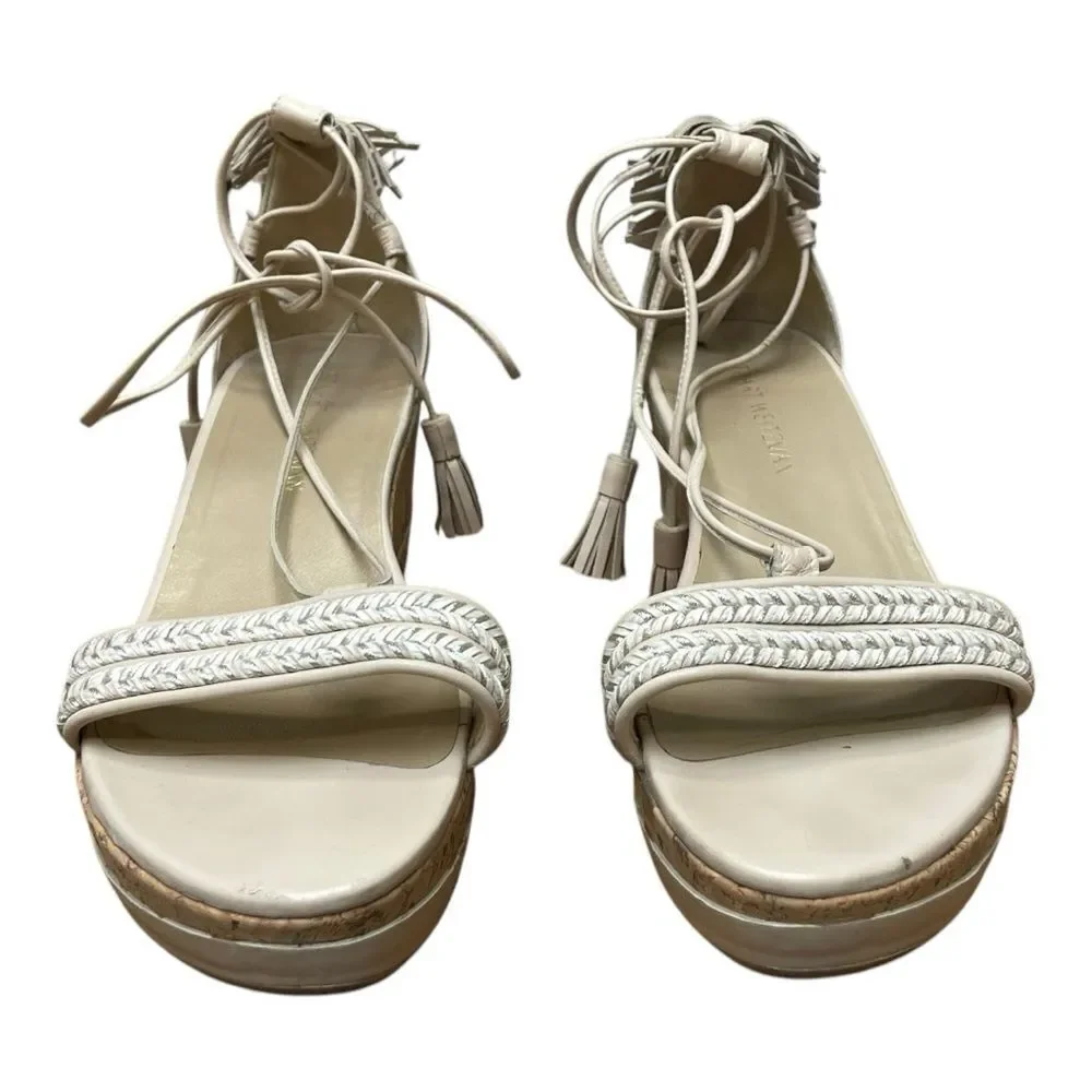 Stuart Weitzman Cream Wedge Sandals Lace Up Fringe Tassels Bohemian Sz 10 - Picture 6 of 10
